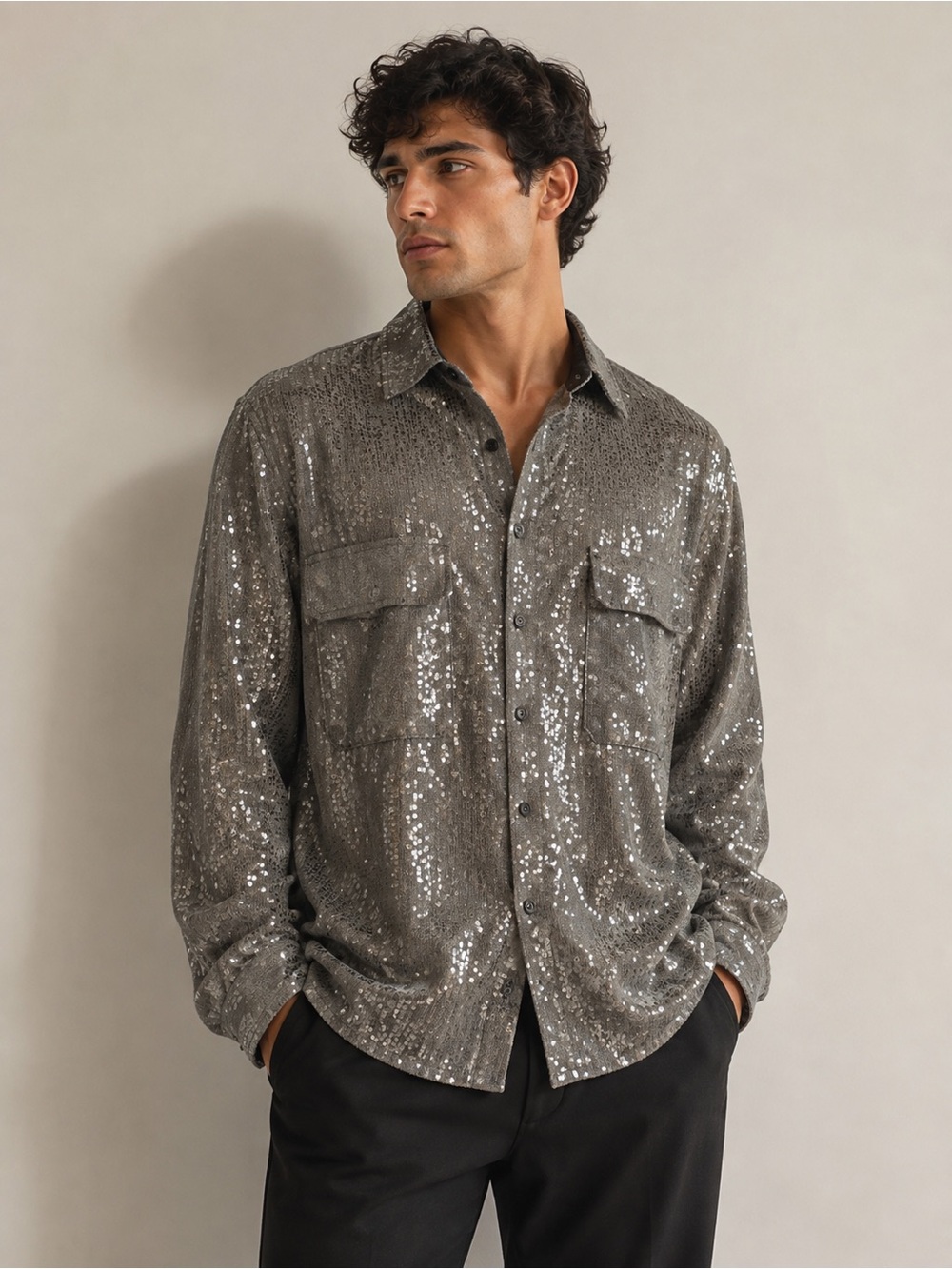 Free People Men's Sequin Button-Down Shirt in Gray
